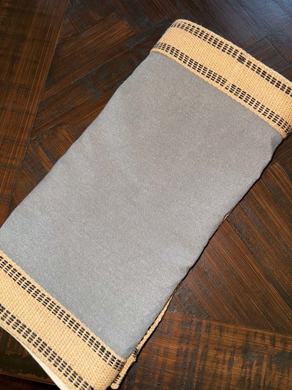 Mud Pie Gray Table Runner with Woven Jute Burlap and Black Striped Border